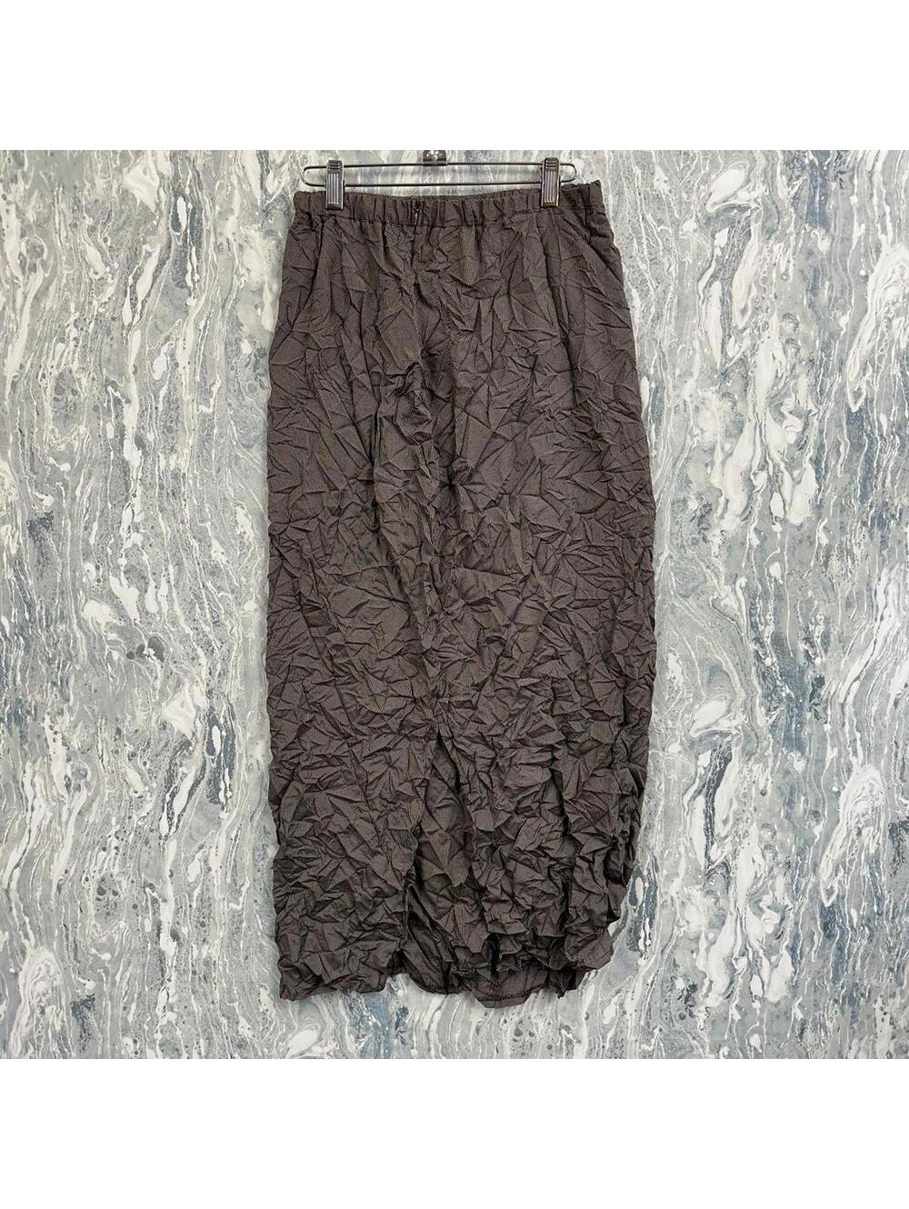 Artsy Boho Minimalist Lagenlook Avant-Garde Brown Crinkled Maxiskirt (XL)